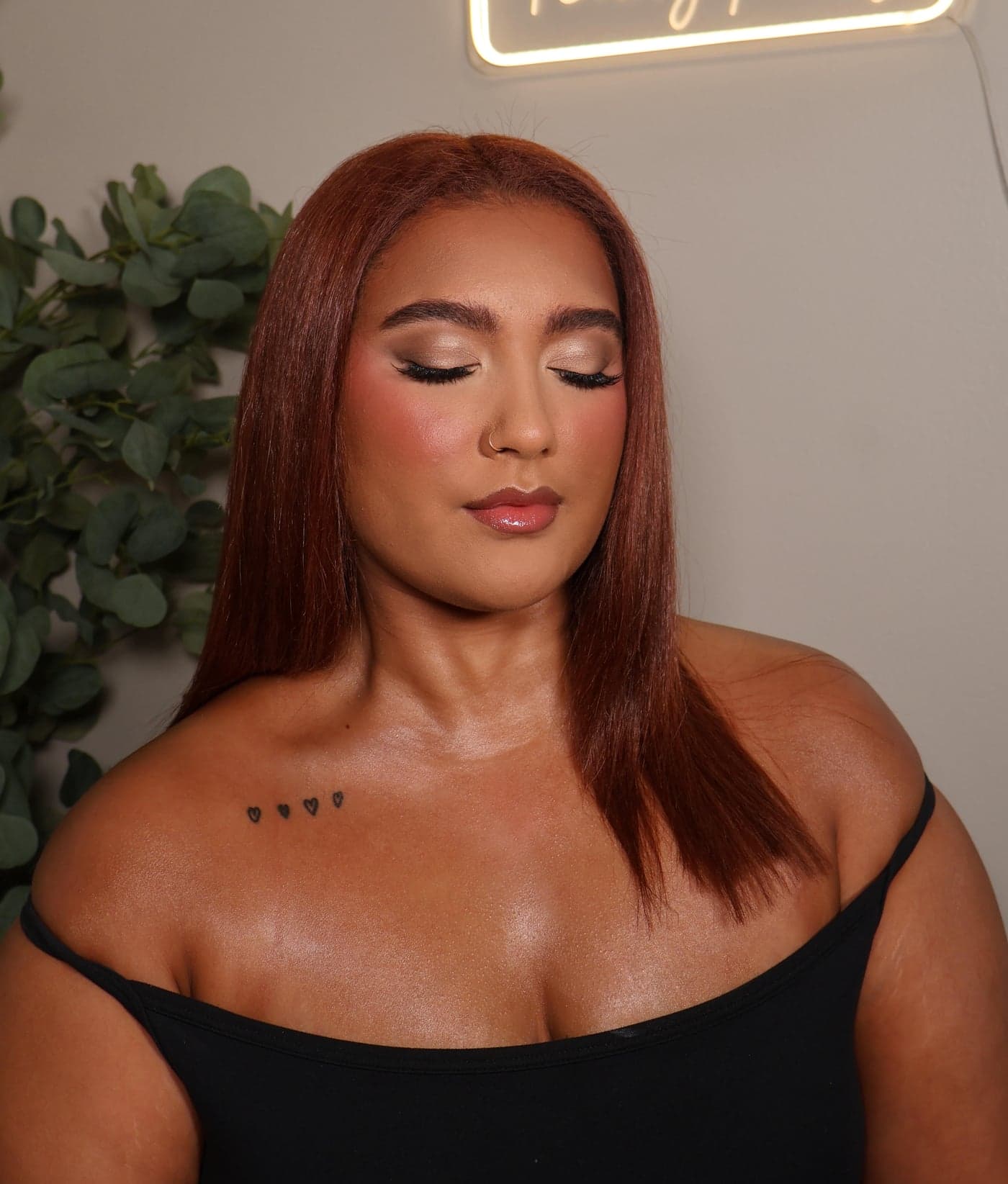 Warm bronze soft glam with a glossy lip, finished in Shealyn's Athens studio